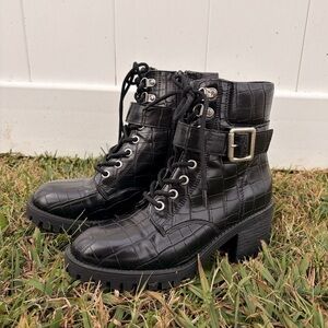 Madden Girl Black Croc-Embossed Combat Boots